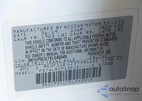 2019 Nissan Kicks S из США, поврежденный, VIN 3N1CP5CU7KL545545